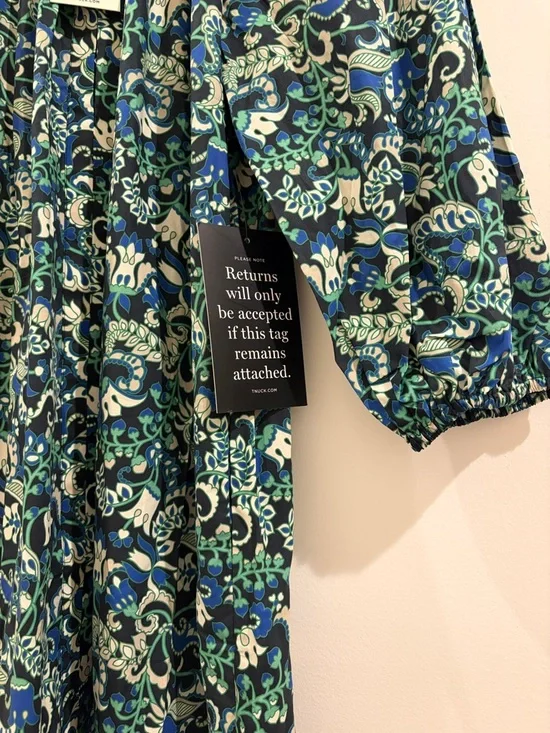 Tuckernuck Lyles Dress Green Batik Floral Puff Sleeve Belted Midi Size M NWT - Picture 4 of 8